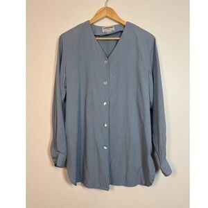 Classic Alfred Dunner 100% Silk Button Down Blouse Women 14 Blue V-Neck Long Slv